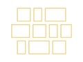 Golden photo frames collage. Realistic empty frameworks mockup set on wall.