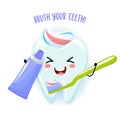 Brush your teeth - Cute tooth character with toothpaste hair and holding toothbrush