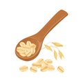 Oats in wooden spoon, pile of oat flakes and ear.