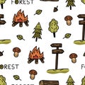 Seamless doodle pattern camping, forest, hike.