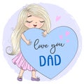 Hand drawn cute daughter girls with big heart. Happy Fathers Day.