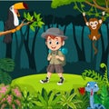 Cartoon explorer boy with animals in the jungle Royalty Free Stock Photo