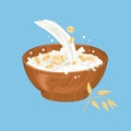 Oat flakes and splashing milk. Vector cereal breakfast. Cartoon food bowl