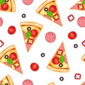 Pizza seamless pattern. Slices of pizza, salami and tomatoes on white background.