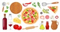 Cartoon pizza, ingredients and kitchen tools set.