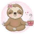 Hand drawn cute little sloth yogi in lotus position with coffee cup.