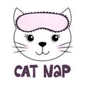 Cat nap - funny doodle, Cat with sleeping mask, stars, hearts. Royalty Free Stock Photo