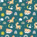 Cute unicorns collection. Seamless lovely texture with watercolor rainbows,unicorns