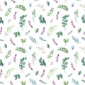 Cute unicorns collection. Seamless lovely texture with watercolor leaves