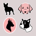 Cute various dogs as stickers for web design. Different bright stickers with dogs.