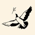 Flying bird with olive branch art. Dove of peace doodle illustration Royalty Free Stock Photo