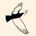 Flying bird with olive branch.. Dove of peace doodle illustration Royalty Free Stock Photo