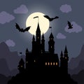 Halloween vector illustration of a amazing view of a castle and bats in the sky in the night.