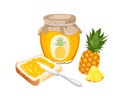 Vector pineapple jam set. Yellow marmalade spread on piece of toast bread, knife, glass jar with jelly