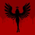 Silhouette of a scary devil lady with big wings.