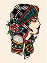 Girl old school. Sketch for traditional and old school tattoos. Royalty Free Stock Photo