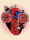Tattoo anatomy vintage illustration. Floral romantic anatomical heart.