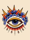 All seeing eye with cloud and lightnings. Old school vector illustration