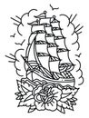 Ship boat old school tattoo on white background