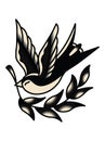 Swallow carries a laurel branch. Drawing in the style of Old School