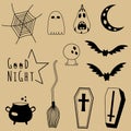 Set of doodle halloween elements. Collection of hand drawn bats, pumpkin, ghost, moon, cobwebs and coffins Royalty Free Stock Photo