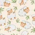 Watercolor hand-drawn cute sheep with leaves pattern background wallpaper