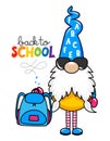 Back to school - Smart gnome with globe. Cute troll character.