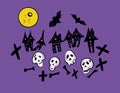 Halloween cartoon cemetery funny skulls with bones and crooked houses on the background of the moon and bats.