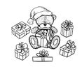Teddy bear in santa hat holding gifts.Teddy bear surrounded by gifts. Royalty Free Stock Photo