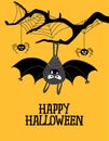 Happy Halloween - cute hanging bat, Halloween overlays, lettering labels design. Retro badge. Royalty Free Stock Photo