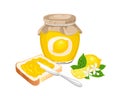 Lemon jam set. Spread on piece of toast bread, knife, glass jar with marmalade