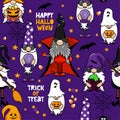 Garden gnomes in Halloween cotume - funny drawing seamless pattern