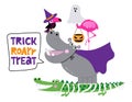 Trick or treat - Cute Crocodile , hippopotamus and flamingo design for Halloween.