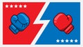 Boxing gloves fight icon background, red vs blue. Vector illustration of cartoon battle emblem background. Red and Blue boxing glo