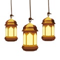 Three hanging lanterns are used for religious designs.