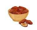 Dates fruit in wooden bowl isolated. Vector cartoon illustration of sweet dried fruits.