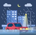 Car at raining night and flood disaster scene illustration vector Royalty Free Stock Photo