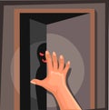 Stranger sillhouette behind door room scene cartoon illustration vector Royalty Free Stock Photo