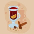 Mulled wine with a cinnamon.On a light orange background.