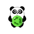 Cute cartoon panda with eco banner and recykling sign. Funny character for your design. Green energy concept. Panda protect. Ecol