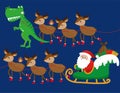Santa rides a sleigh with reindeers and a trex dinosaur.
