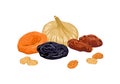 Dried fruits pile isolated on white. Dates fruit, prunes, raisin, apricot and fig. Royalty Free Stock Photo