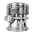 Car piston hand drawn engraving style sketch Engineering