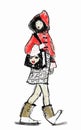 illustration of young girl, wearing red jacket and fancy bag and shoes