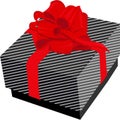 Black gift box with white stripes and decorated a bow red ribbons Royalty Free Stock Photo