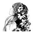 Portrait of a girl with flowers in her hair abstract sketch hand drawn sketch, engraving style Royalty Free Stock Photo