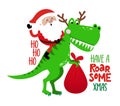 Have a roarsome Christmas - Santa rides a trex dinosaur.