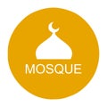 The logo or symbol of the white mosque in an orange circular shield. Editable mosque or prayer room icon.