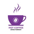 Illustration of coffee shop logo emblem in purple color. A cup of coffee symbol with billowing smoke. Royalty Free Stock Photo