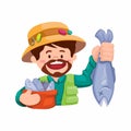 Fisherman holding big fish character symbol cartoon illustration vector Royalty Free Stock Photo